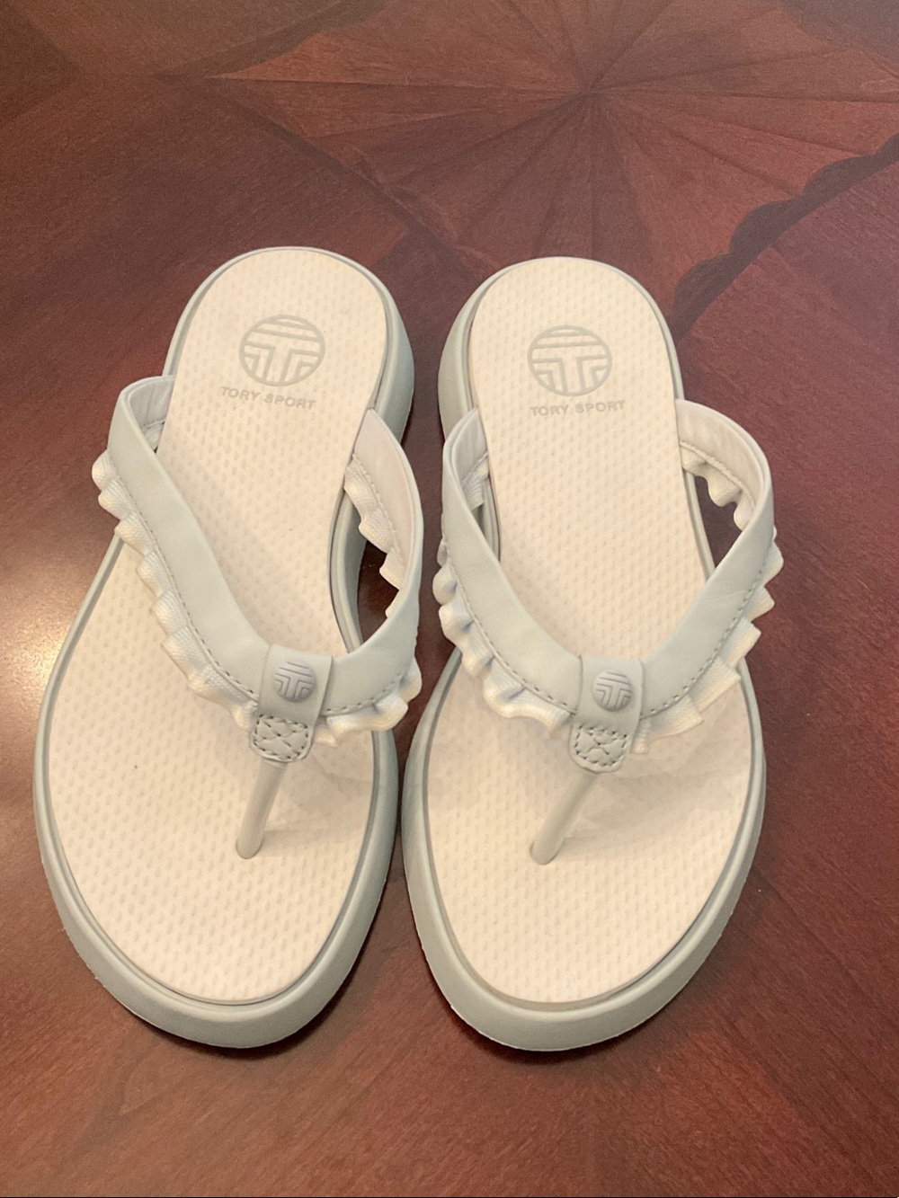Tory Sport White Ruffle Thong Sandals